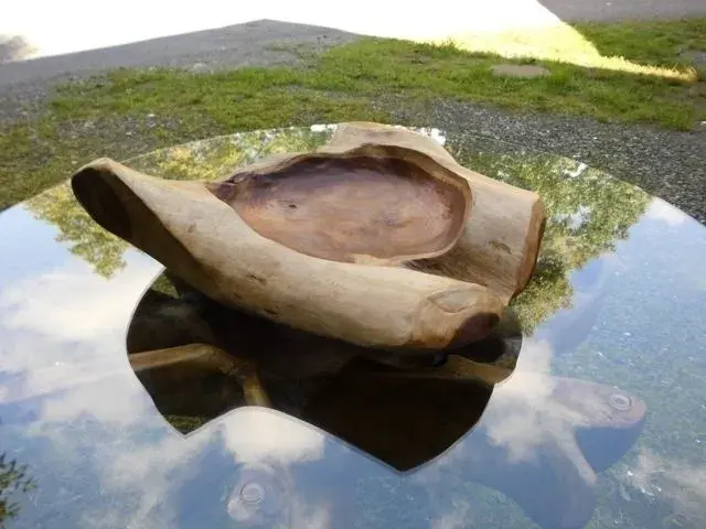 Holzschale mit organischer Form auf spiegelnder Wasseroberfläche.